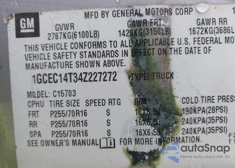 2004 Chevrolet Silverado 1500 из США, поврежденный, VIN 1GCEC14T34Z227272